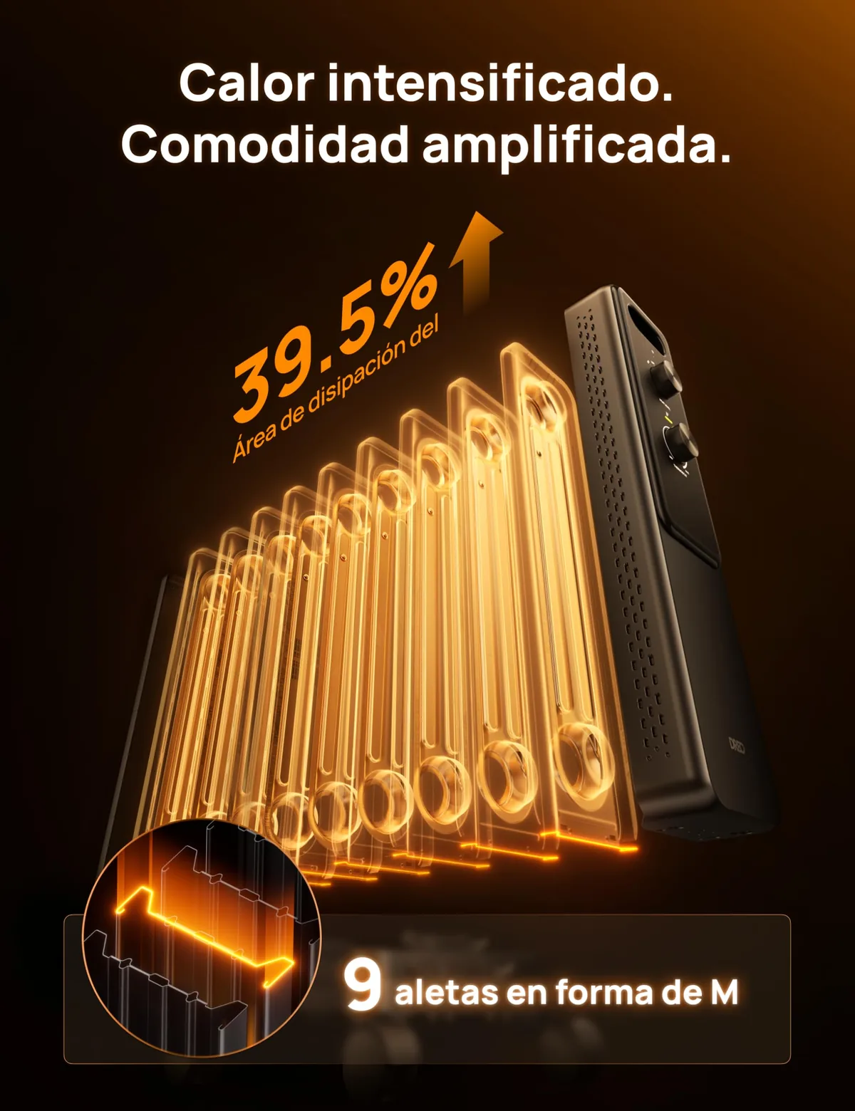 Vista 3 de Dreo Radiador de Aceite 9 Aletas 2000W Silencioso